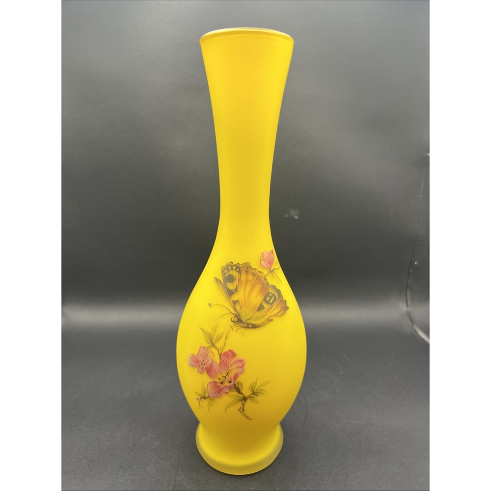 Vintage Norleans Italy Yellow Satin Glass Bud Vase Hand Painted Butterfly